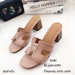 รองเท้าแตะ Hermes เสริมส้นฉลุลาย (สีชมพู)
