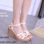 รองเท้าส้นเตารีดหน้าสานแต่งส้นลายไม้ (สีครีม)