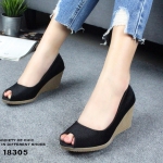 รองเท้าคัทชูเสริมส้นเตารีดเปิดหน้า (สีดำ)