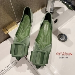 รองเท้าคัทชูส้นแบนแต่งโบว์เข็มขัด (สีเขียว)