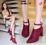 รองเท้ามินิบูทส้นตันแต่งสายรัดข้อ (สีแดงเลือดหมู)