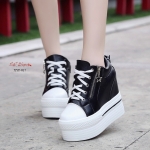 รองเท้าผ้าใบเสริมส้นแต่งซิปดาวสไตล์แฟชั่นเกาหลี (สีดำ)