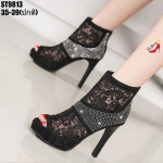 รองเท้าส้นสูงเปิดหน้าแต่งเพชรสีเงิน