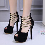 รองเท้าส้นสูงT-Strapแต่งสายคาดทอง