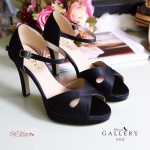 รองเท้าส้นสูงซาตินทรงเปิดหน้าไขว้ (สีดำ)