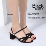 รองเท้าส้นตันหน้าสานแต่งสายคาด (สีดำ)