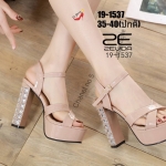 รองเท้าส้นสูงหน้าไขว้แต่งส้นเพชร (สีชมพูนู๊ด)