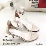รองเท้าส้นสูงรัดข้อแต่งสายคาดใสนิ่ม (สีครีม)