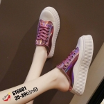 รองเท้าผ้าใบเปิดส้นแต่งหนังเมทัลลิค (สีชมพู)