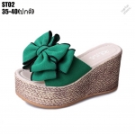 รองเท้าส้นเตารีดวนปอแต่งโบว์ (สีเขียว)