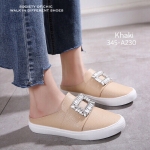 รองเท้าผ้าใบเปิดส้นแต่งเพชรหน้า (สีกากี)