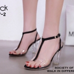 รองเท้าส้นสูง T-Strap กลิตเตอร์ (สีดำ)