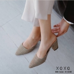 รองเท้าเปิดส้นทรงวีแต่งลาย (สีน้ำตาล-ครีม)