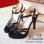 รองเท้าส้นสูง T-Straps Glitter (สีดำ)