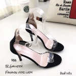 รองเท้าส้นสูงรัดข้อแต่งสายคาดใสนิ่ม (สีดำ)