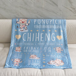 ผ้าห่มเด็ก ใส่ประวัติแรกเกิด ลาย Cow2 - Blue