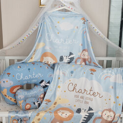 ชุดของขวัญเด็กแรกเกิด BP6 หมอนหลุม + ผ้าคลุมให้นม + หมอนรองให้นม+ ผ้าห่มขนาด 75x100cm ลาย Safari - Blue