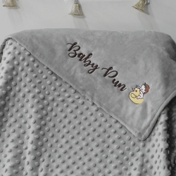 ผ้าห่ม Minky - สีเทา 75x100cm แบบปักชื่อ+การ์ตูน - Ducky and Baby Boy