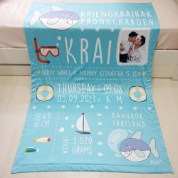 ผ้าห่ม ใส่ประวัติแรกเกิด+รูปถ่าย ลายฉลาม ไซส์ใหญ่ 100x150cm