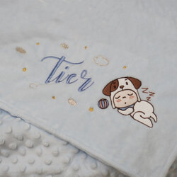 ผ้าห่ม Minky - สีฟ้า 75x100cm แบบปักชื่อ+การ์ตูน - Puppy