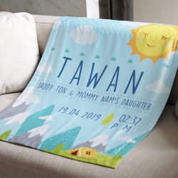 ผ้าห่มเด็ก ใส่ประวัติแรกเกิด ลายพระอาทิตย์ - Sun - Blue