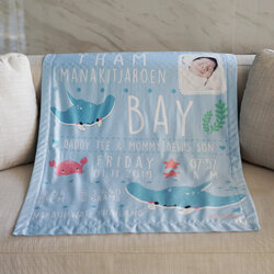ผ้าห่มเด็ก ใส่ประวัติแรกเกิด ลายกระเบน - Mantaray - Mint + เพิ่มรูปถ่าย