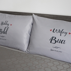 ปลอกหมอนหนุนคู่ สีเทา ลาย Hubby Wifey