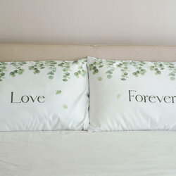 ปลอกหมอนคู่แบบพิมพ์สีเต็มใบ พร้อมส่ง ลาย Green leaves - Love Forever