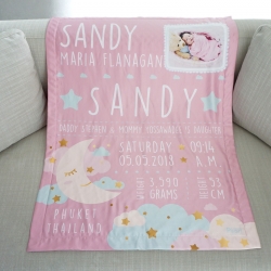 ผ้าห่มเด็ก ใส่ประวัติแรกเกิด+รูปถ่าย ลาย Moon - Pink