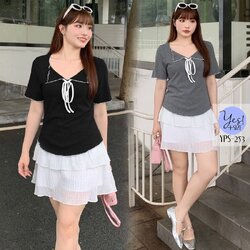 เสื้อยืดแขนสั้นสาวอวบ อก 36-50 นิ้ว เสื้อคอวีปกแหลม เข้ารูป แต่งเชือกผูกอก สีเทา/ดำ YPS-253