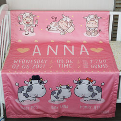 ผ้าห่มเด็ก ใส่ประวัติแรกเกิด ลายวัว Mixed Cow - Pink