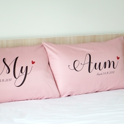 ปลอกหมอนหนุนคู่ สีชมพู ลาย Name - Dark Brown