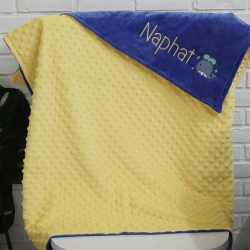 ผ้าห่ม Minky - สี Lemon-Navy 75x100cm แบบปักชื่อ+การ์ตูน - Whale