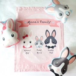 ผ้าห่มเด็ก ใส่ชื่อ ลายกระต่าย สีชมพูพาสเทล / Rabbit Family - Pastel Pink