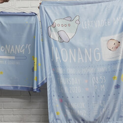 ชุดของขวัญเด็กแรกเกิด ผ้าคลุมให้นม + ผ้าห่มขนาด 75x100cm แบบใส่รูปถ่าย ลาย Plane - Blue