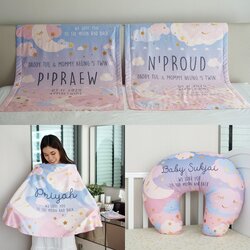 ชุดของขวัญเด็กแรกเกิด NP3 ผ้าห่ม ขนาด 75x100cm + ผ้าคลุมให้นม + หมอนรองให้นม ลาย Moon - Blue Pink