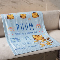 ผ้าห่มเด็ก ใส่ประวัติแรกเกิด ลายเสือ ปีขาล สี Blue