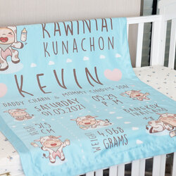 ผ้าห่มเด็ก ใส่ประวัติแรกเกิด ลาย Cow2 - Light Blue