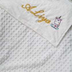 ผ้าห่ม Minky - สีขาว 75x100cm แบบปักชื่อ+การ์ตูน - Unicorn