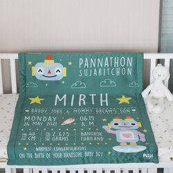 ผ้าห่มเด็ก ใส่ประวัติแรกเกิด ลาย Robot - Green