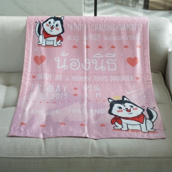 ผ้าห่มเด็ก ใส่ประวัติแรกเกิด ลาย Siberian Husky - Pink
