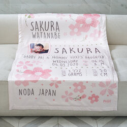 ผ้าห่ม สั่งทำใส่ประวัติแรกเกิด ลาย Sakura - Light Pink +ใส่รูปถ่าย