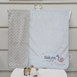 ผ้าห่ม Minky - สีฟ้า-เทา 75x100cm แบบปักชื่อ+การ์ตูน - Snake