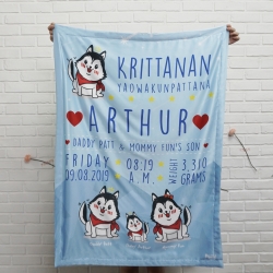 ผ้าห่มเด็ก ใส่ประวัติแรกเกิด ลาย Siberian Husky - Blue
