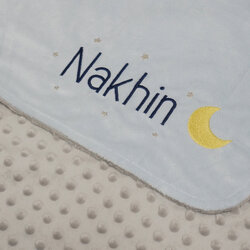 ผ้าห่ม Minky - สีฟ้า + เทา 75x100cm แบบปักชื่อ+icon - Moon