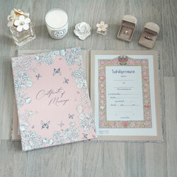 แฟ้มใส่ทะเบียนสมรส แบบพร้อมส่ง ลาย Butterfly Vintage - Pink พร้อมข้อความ Certificate of Marriage