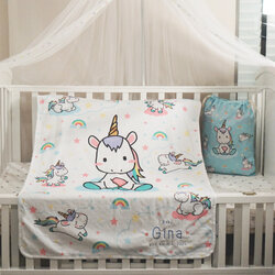 ผ้าห่ม Minky ลาย Unicorn 75x100cm แบบปักชื่อ ด้านหลังสีฟ้า
