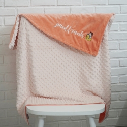 ผ้าห่ม Minky - สีพีช 75x100cm แบบปักชื่อ+การ์ตูน - Ducky and Baby Boy
