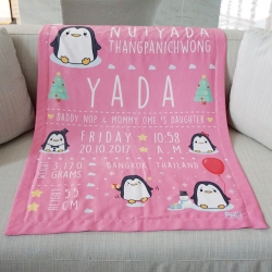 ผ้าห่มเด็ก ใส่ประวัติแรกเกิด ลายเพนกวิ้น สีชมพู / Penguin - Pink