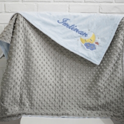 ผ้าห่ม Minky - สีฟ้า-เทา 75x100cm แบบปักชื่อ+การ์ตูน - Moon 1